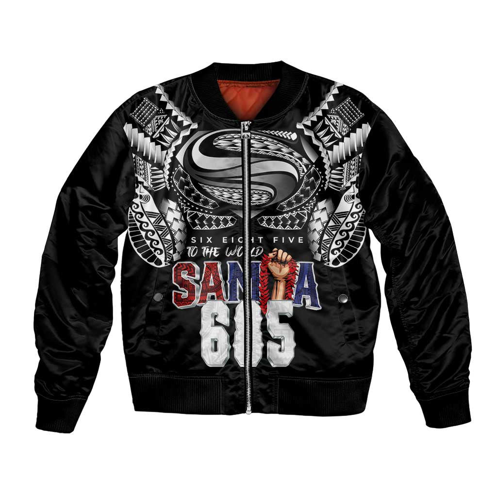 Super Samoa-Six Eight Five to The World Bomber Jacket Traditional Samoan Tattoo Black Color