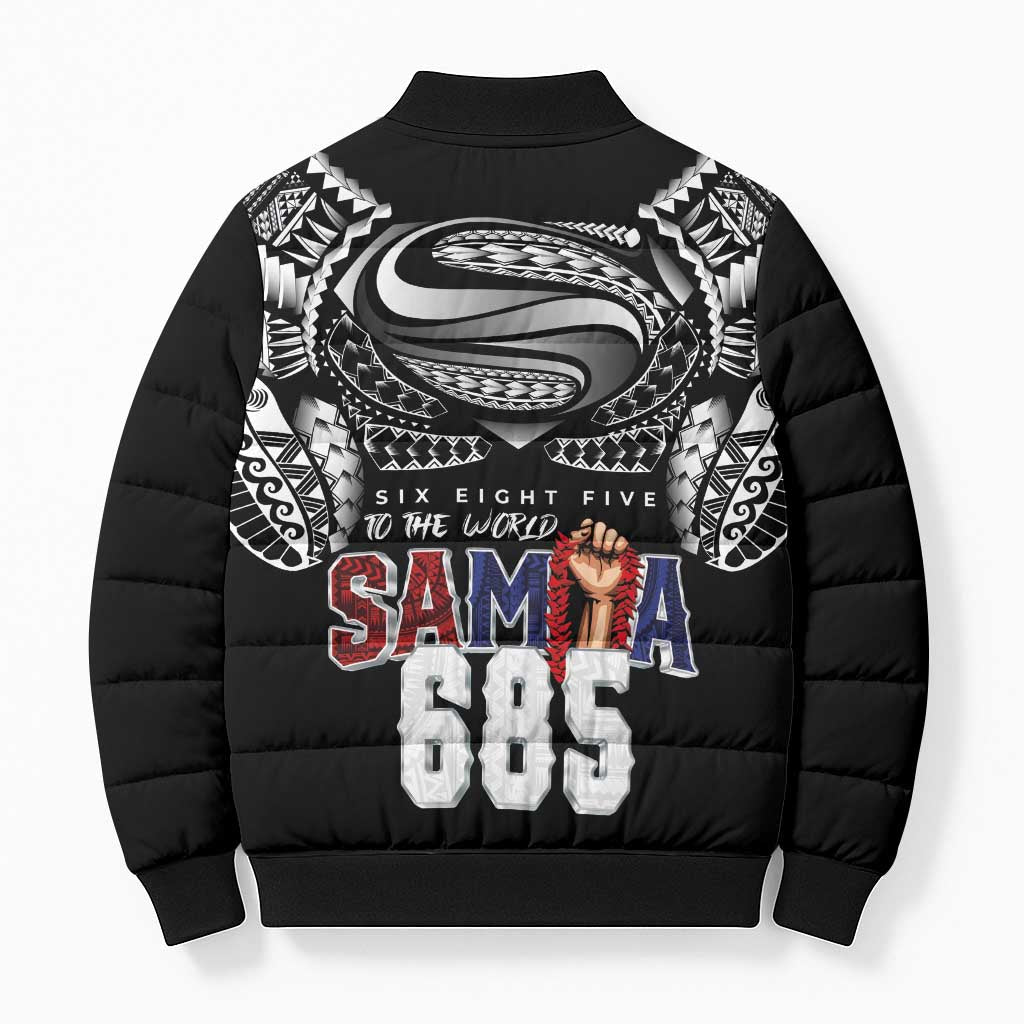 Super Samoa-Six Eight Five to The World Bomber Puffer Jacket Traditional Samoan Tattoo Black Color