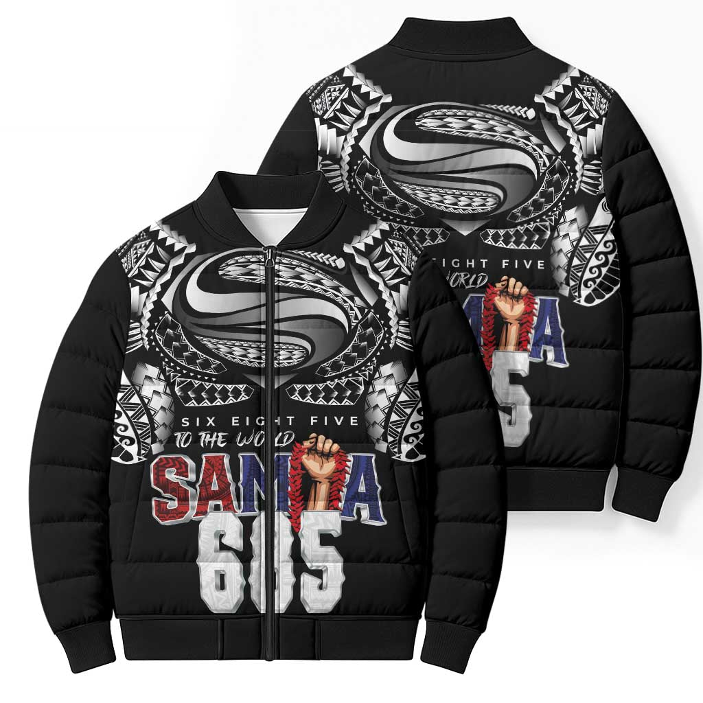 Super Samoa-Six Eight Five to The World Bomber Puffer Jacket Traditional Samoan Tattoo Black Color