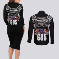 Super Samoa-Six Eight Five to The World Couples Matching Long Sleeve Bodycon Dress and Long Sleeve Button Shirt Traditional Samoan Tattoo Black Color LT03 - Polynesian Pride