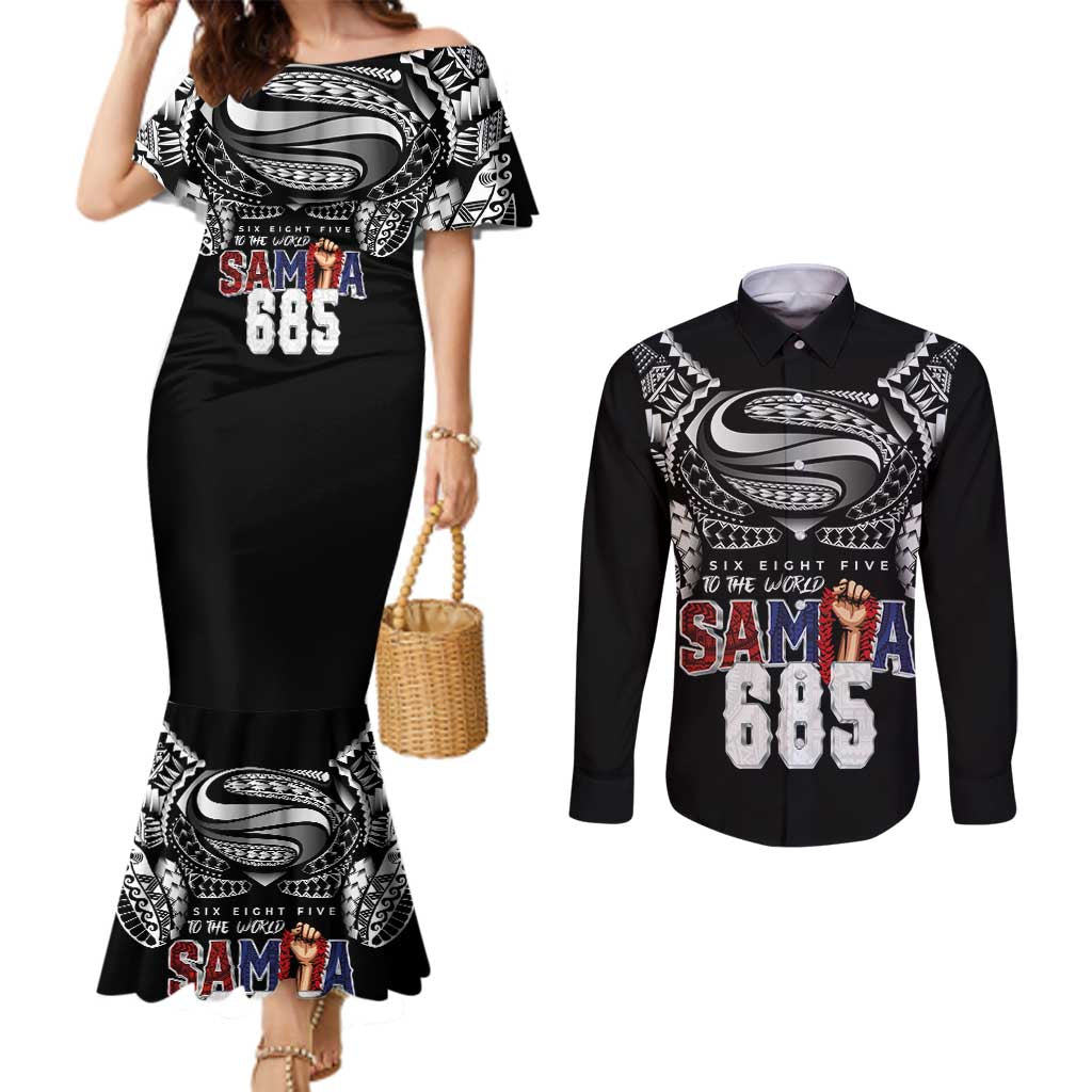 Super Samoa-Six Eight Five to The World Couples Matching Mermaid Dress and Long Sleeve Button Shirt Traditional Samoan Tattoo Black Color LT03 Black - Polynesian Pride