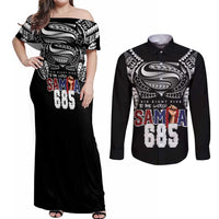 Super Samoa-Six Eight Five to The World Couples Matching Off Shoulder Maxi Dress and Long Sleeve Button Shirt Traditional Samoan Tattoo Black Color
