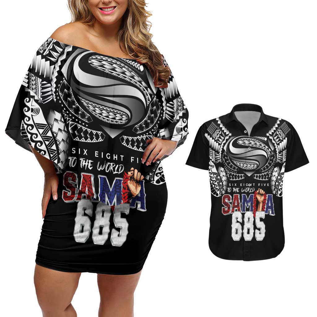 Super Samoa-Six Eight Five to The World Couples Matching Off Shoulder Short Dress and Hawaiian Shirt Traditional Samoan Tattoo Black Color LT03 Black - Polynesian Pride