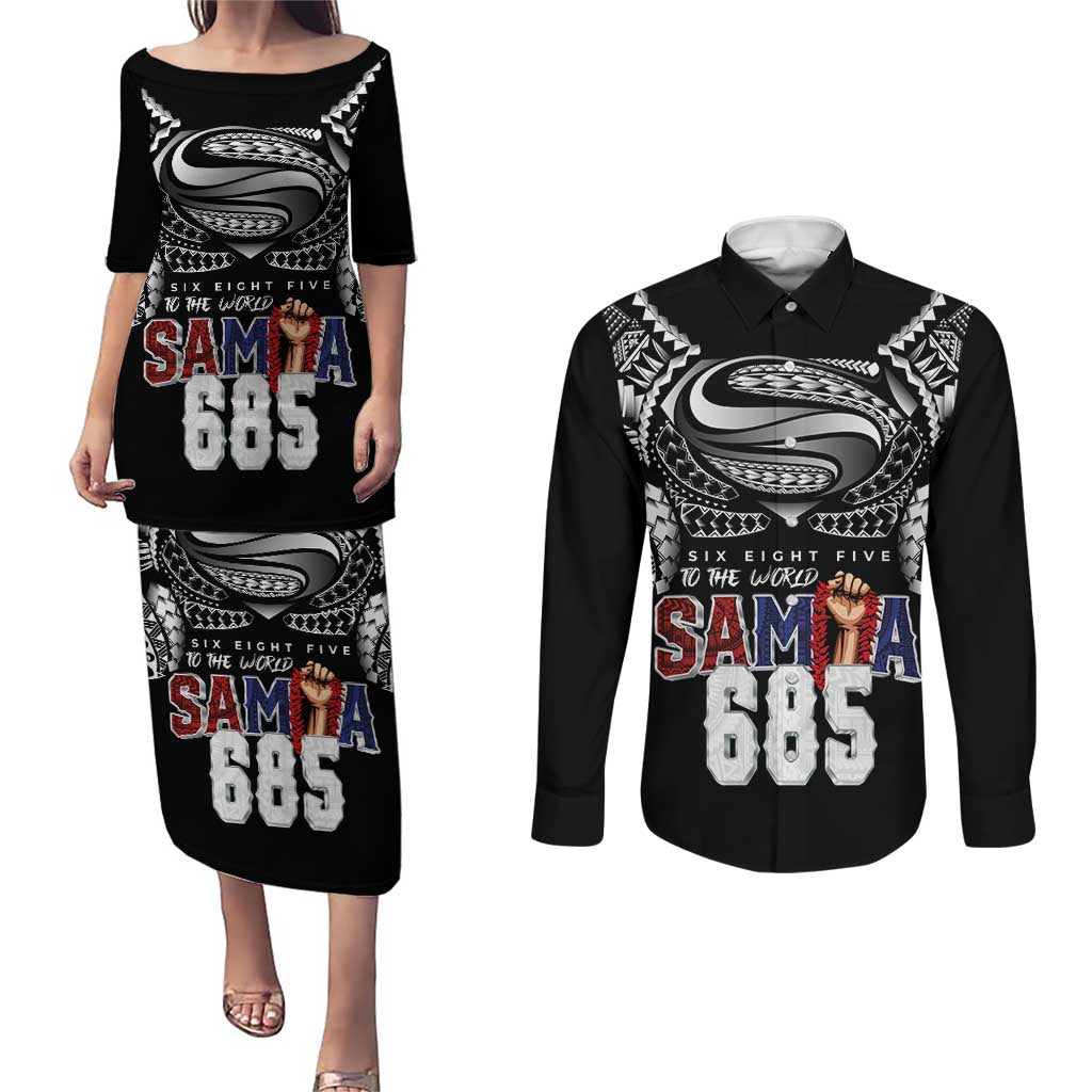 Super Samoa-Six Eight Five to The World Couples Matching Puletasi and Long Sleeve Button Shirt Traditional Samoan Tattoo Black Color