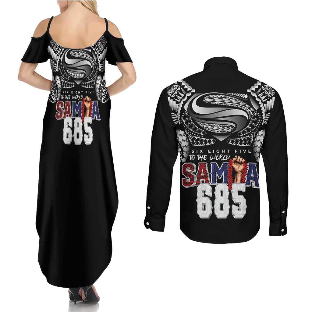 Super Samoa-Six Eight Five to The World Couples Matching Summer Maxi Dress and Long Sleeve Button Shirt Traditional Samoan Tattoo Black Color