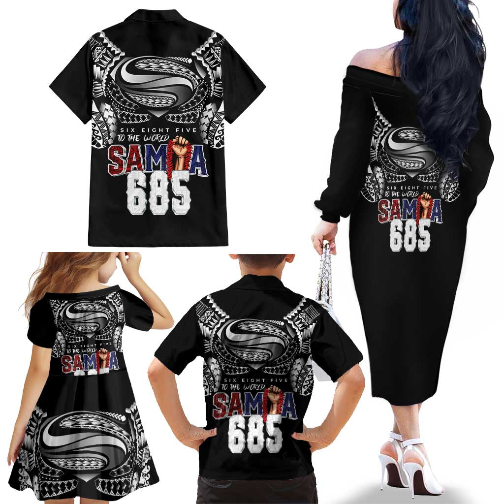 Super Samoa-Six Eight Five to The World Family Matching Off The Shoulder Long Sleeve Dress and Hawaiian Shirt Traditional Samoan Tattoo Black Color LT03 - Polynesian Pride