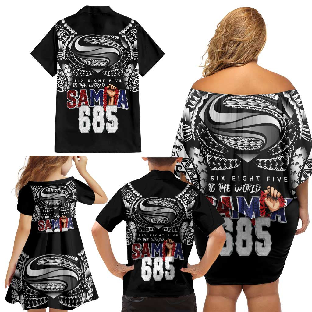 Super Samoa-Six Eight Five to The World Family Matching Off Shoulder Short Dress and Hawaiian Shirt Traditional Samoan Tattoo Black Color LT03 - Polynesian Pride