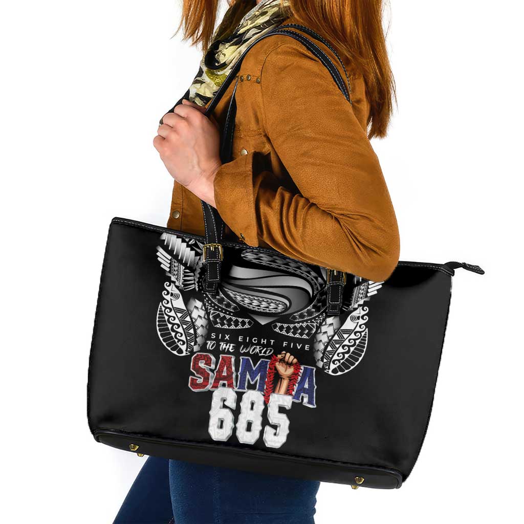 Super Samoa-Six Eight Five to The World Leather Tote Bag Traditional Samoan Tattoo Black Color