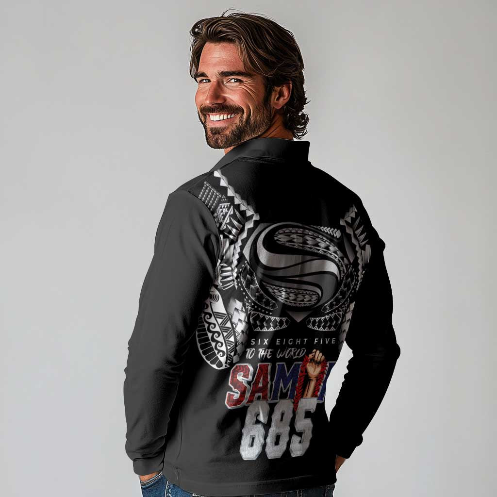 Super Samoa-Six Eight Five to The World Long Sleeve Polo Shirt Traditional Samoan Tattoo Black Color