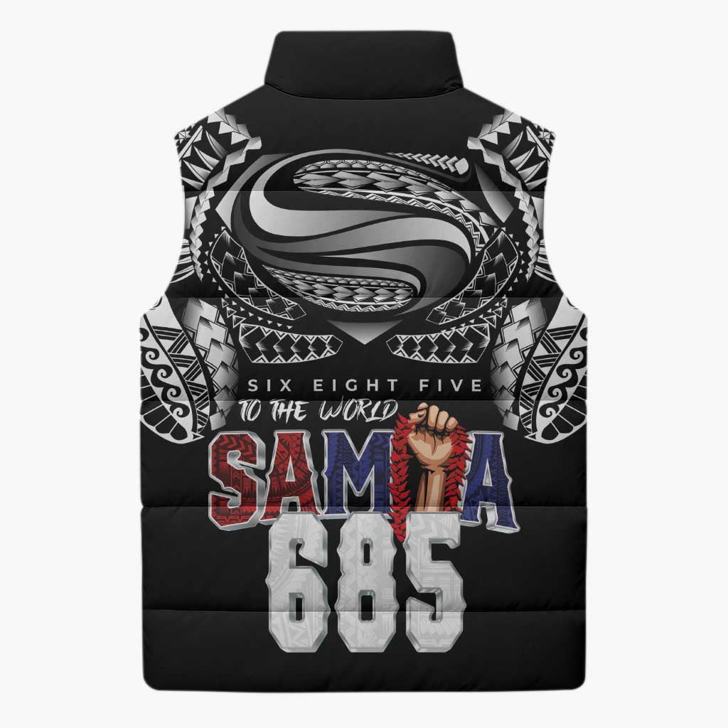 Super Samoa-Six Eight Five to The World Sleeveless Puffer Jacket Traditional Samoan Tattoo Black Color