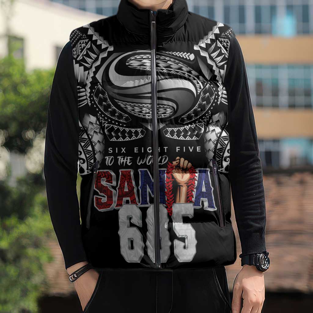 Super Samoa-Six Eight Five to The World Sleeveless Puffer Jacket Traditional Samoan Tattoo Black Color
