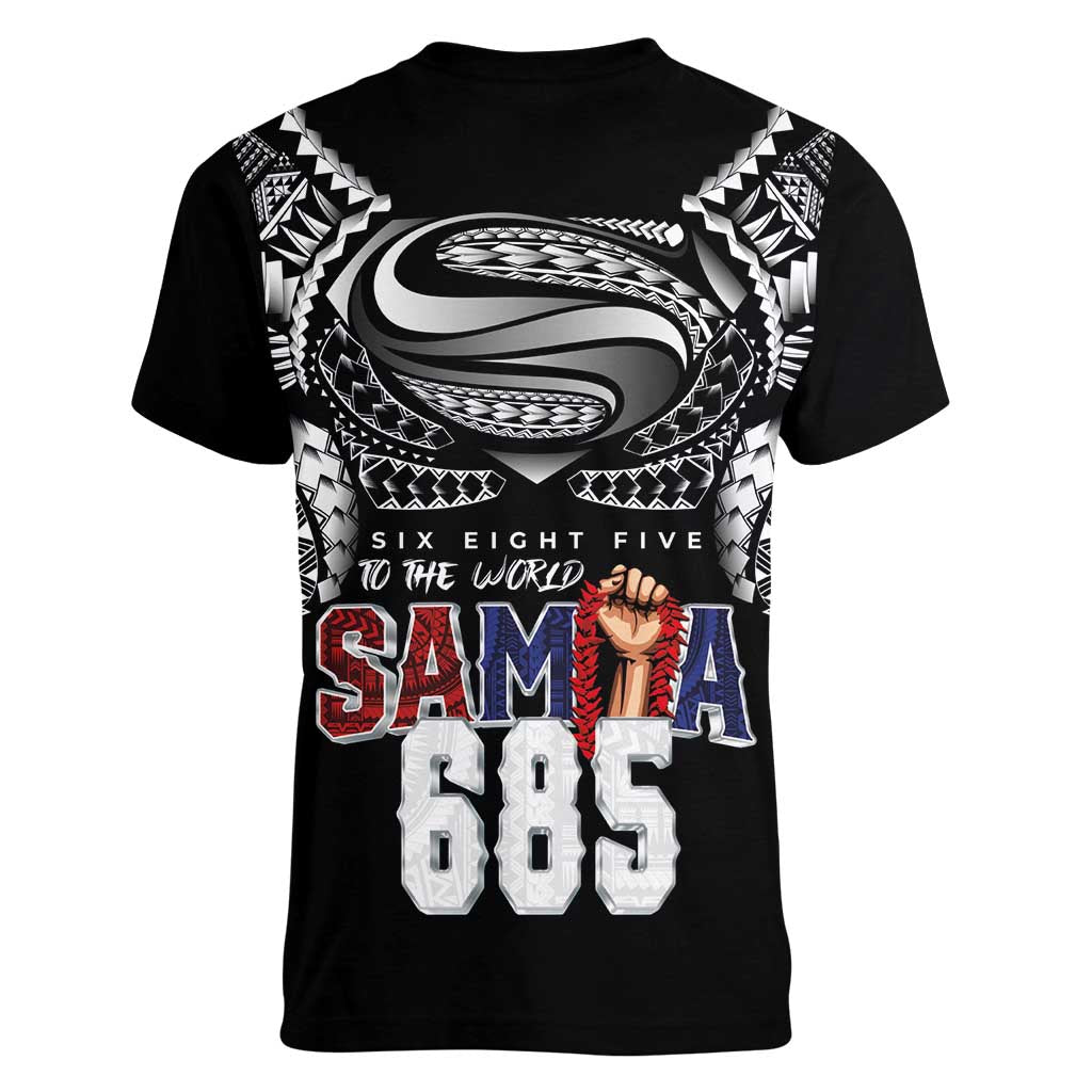 Super Samoa-Six Eight Five to The World Women V-Neck T-Shirt Traditional Samoan Tattoo Black Color LT03 - Polynesian Pride