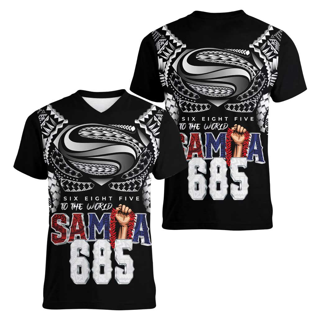 Super Samoa-Six Eight Five to The World Women V-Neck T-Shirt Traditional Samoan Tattoo Black Color LT03 - Polynesian Pride