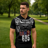 Super Samoa-Six Eight Five to The World Zipper Polo Shirt Traditional Samoan Tattoo Black Color