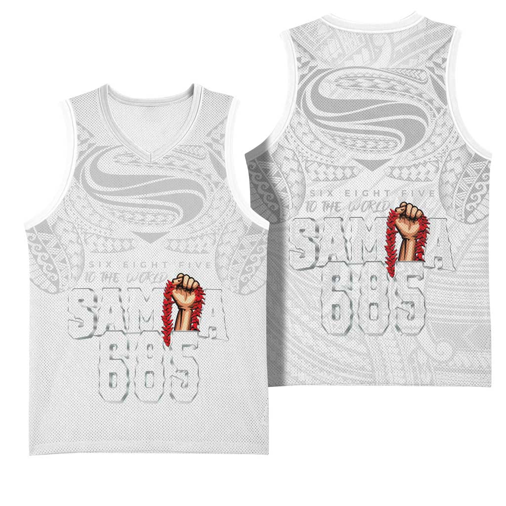 Super Samoa-Six Eight Five to The World Basketball Jersey Traditional Samoan Tattoo All White