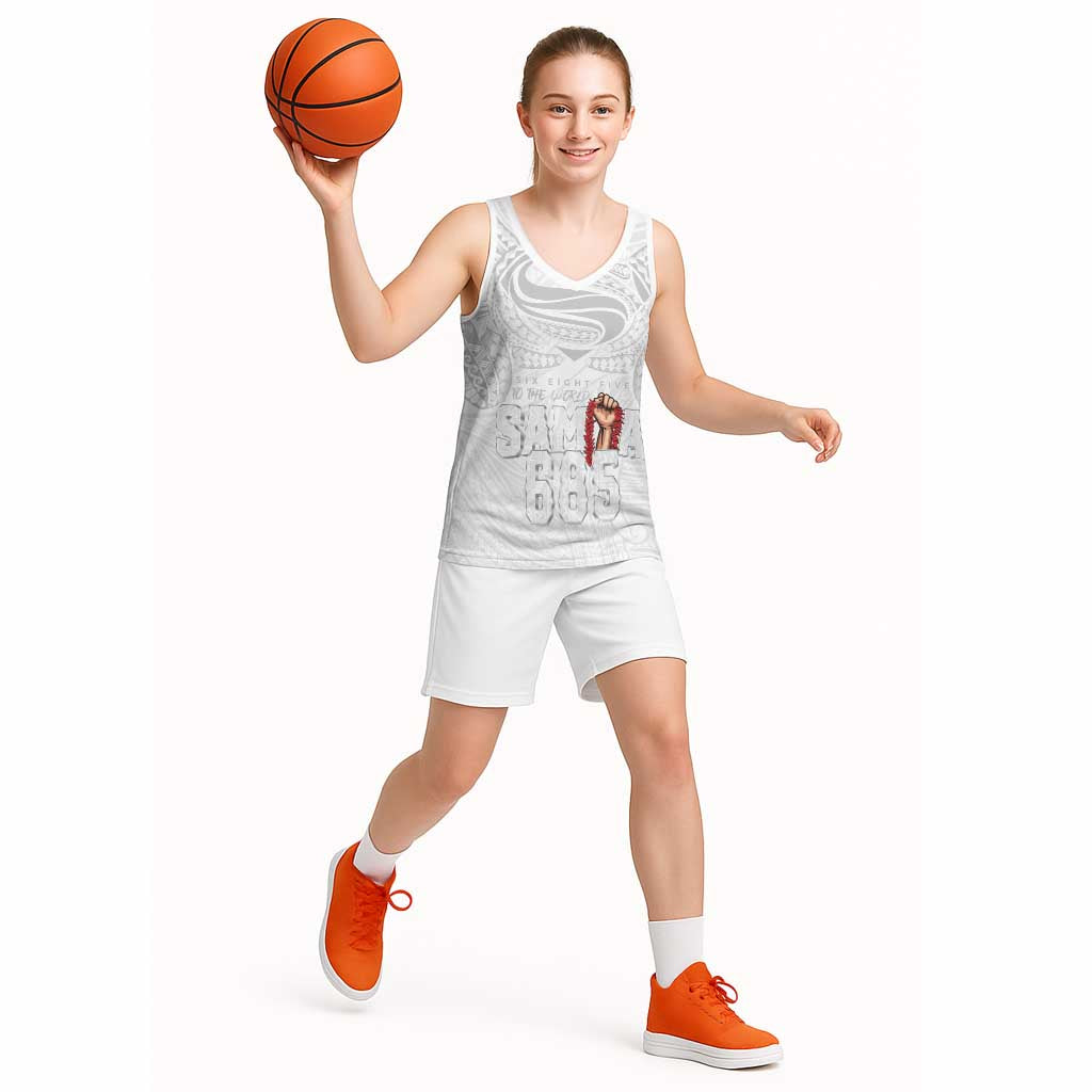 Super Samoa-Six Eight Five to The World Basketball Jersey Traditional Samoan Tattoo All White