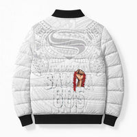 Super Samoa-Six Eight Five to The World Bomber Puffer Jacket Traditional Samoan Tattoo All White