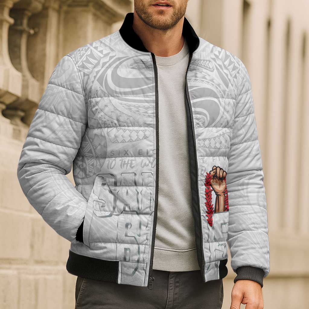 Super Samoa-Six Eight Five to The World Bomber Puffer Jacket Traditional Samoan Tattoo All White