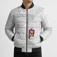 Super Samoa-Six Eight Five to The World Bomber Puffer Jacket Traditional Samoan Tattoo All White