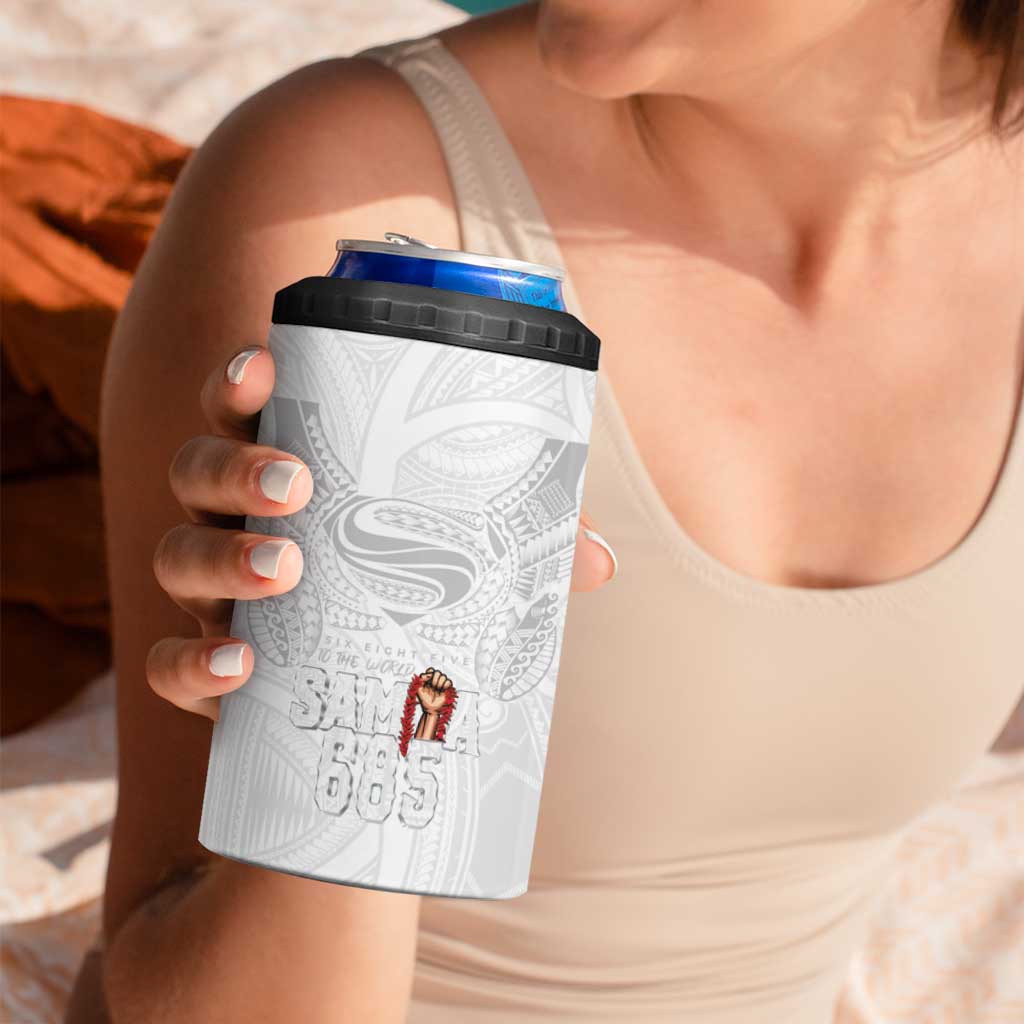 Super Samoa-Six Eight Five to The World 4 in 1 Can Cooler Tumbler Traditional Samoan Tattoo All White