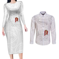 Super Samoa-Six Eight Five to The World Couples Matching Long Sleeve Bodycon Dress and Long Sleeve Button Shirt Traditional Samoan Tattoo All White LT03 White - Polynesian Pride