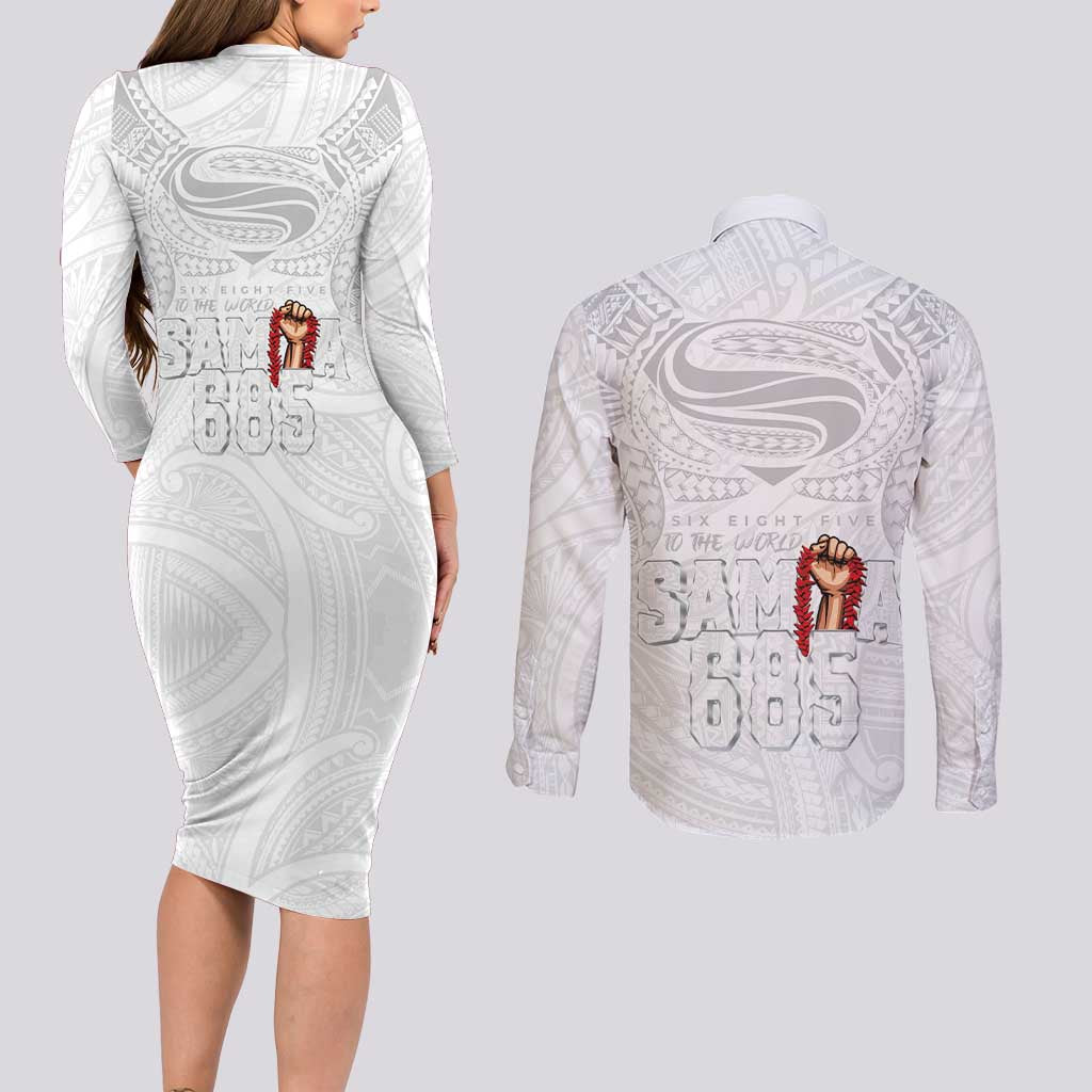Super Samoa-Six Eight Five to The World Couples Matching Long Sleeve Bodycon Dress and Long Sleeve Button Shirt Traditional Samoan Tattoo All White LT03 - Polynesian Pride