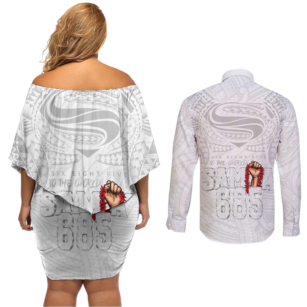 Super Samoa-Six Eight Five to The World Couples Matching Off Shoulder Short Dress and Long Sleeve Button Shirt Traditional Samoan Tattoo All White