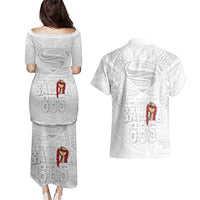 Super Samoa-Six Eight Five to The World Couples Matching Puletasi and Hawaiian Shirt Traditional Samoan Tattoo All White