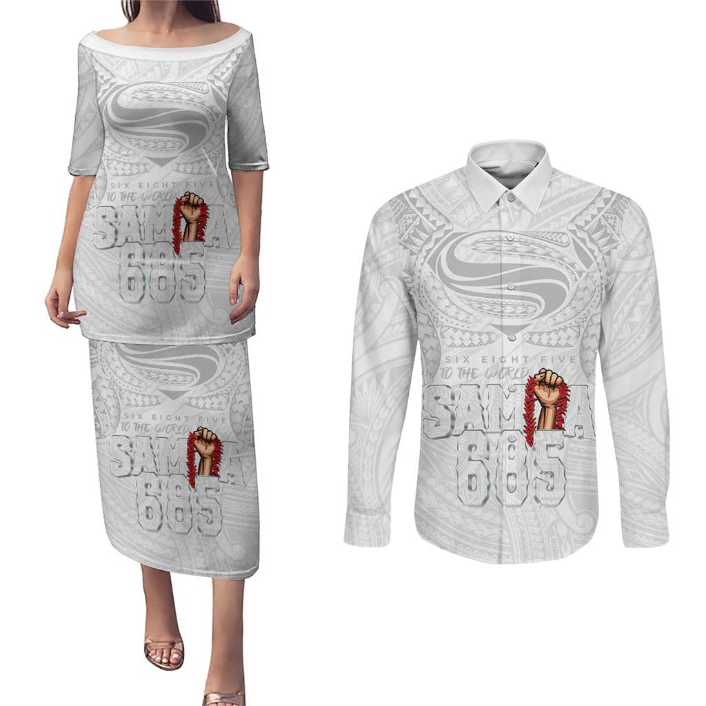 Super Samoa-Six Eight Five to The World Couples Matching Puletasi and Long Sleeve Button Shirt Traditional Samoan Tattoo All White