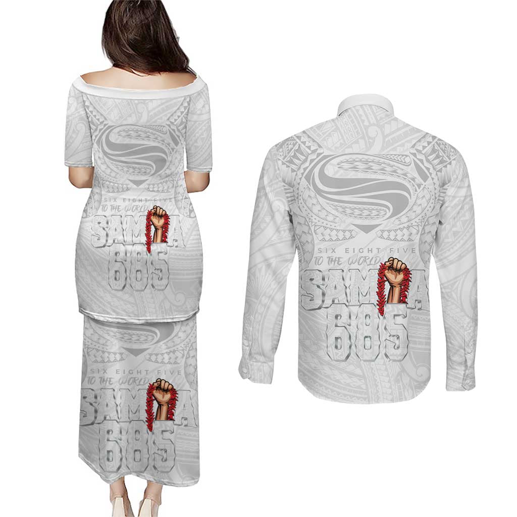 Super Samoa-Six Eight Five to The World Couples Matching Puletasi and Long Sleeve Button Shirt Traditional Samoan Tattoo All White