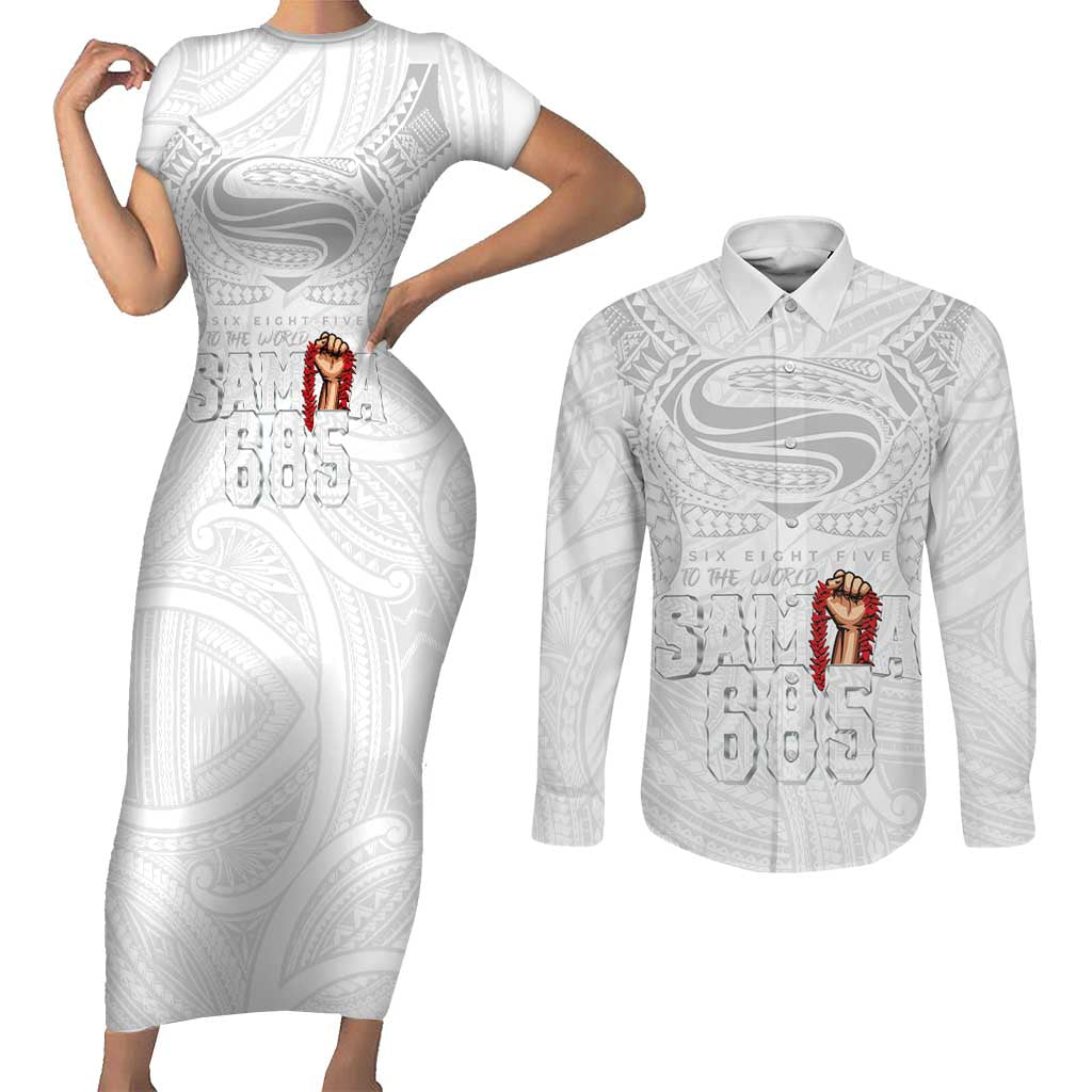 Super Samoa-Six Eight Five to The World Couples Matching Short Sleeve Bodycon Dress and Long Sleeve Button Shirt Traditional Samoan Tattoo All White LT03 White - Polynesian Pride