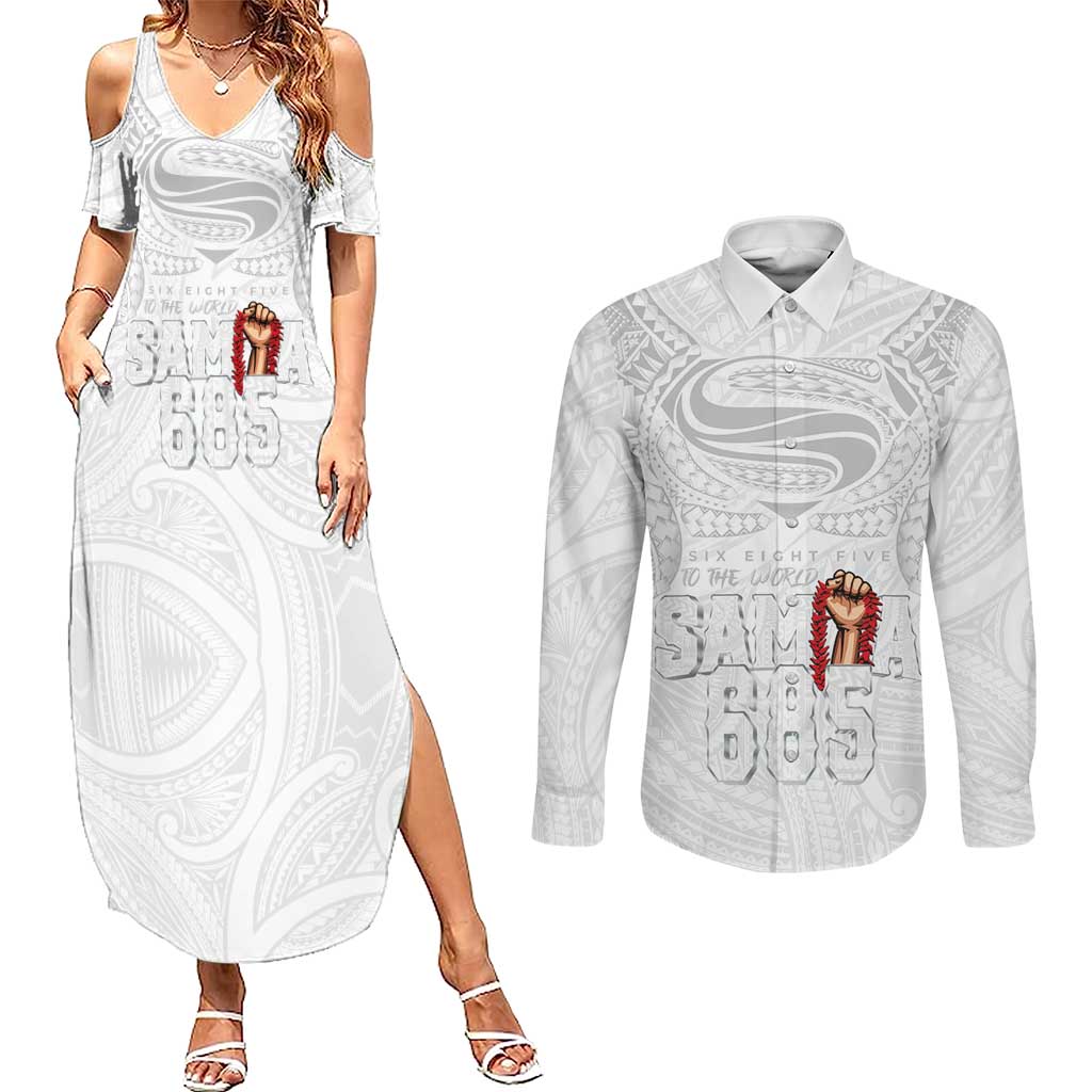 Super Samoa-Six Eight Five to The World Couples Matching Summer Maxi Dress and Long Sleeve Button Shirt Traditional Samoan Tattoo All White