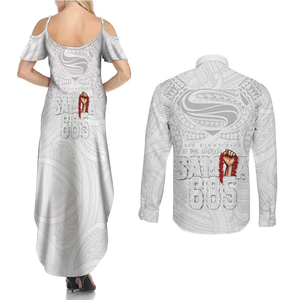 Super Samoa-Six Eight Five to The World Couples Matching Summer Maxi Dress and Long Sleeve Button Shirt Traditional Samoan Tattoo All White