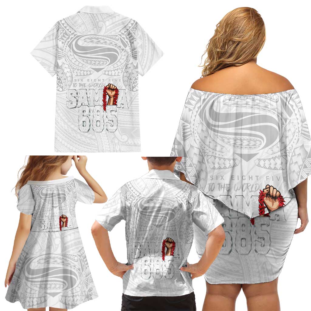 Super Samoa-Six Eight Five to The World Family Matching Off Shoulder Short Dress and Hawaiian Shirt Traditional Samoan Tattoo All White LT03 - Polynesian Pride