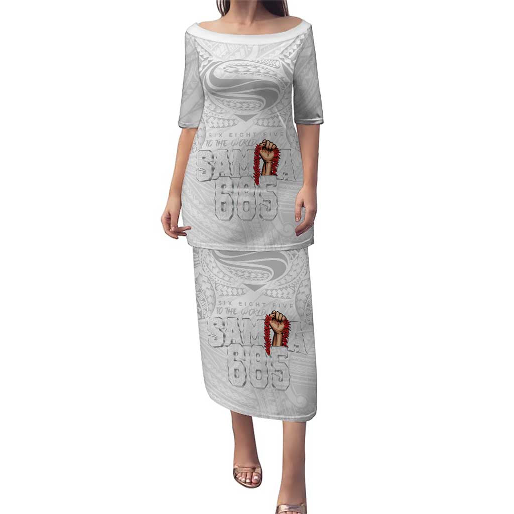 Super Samoa-Six Eight Five to The World Family Matching Puletasi and Hawaiian Shirt Traditional Samoan Tattoo All White LT03 Mom's Dress White - Polynesian Pride