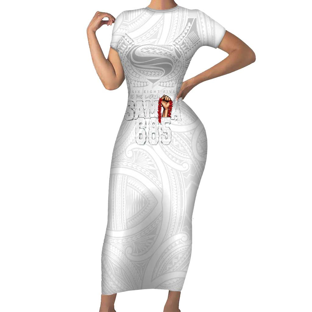 Super Samoa-Six Eight Five to The World Family Matching Short Sleeve Bodycon Dress and Hawaiian Shirt Traditional Samoan Tattoo All White LT03 Mom's Dress White - Polynesian Pride
