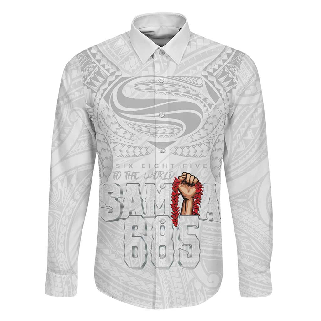 Super Samoa-Six Eight Five to The World Family Matching Tank Maxi Dress and Hawaiian Shirt Traditional Samoan Tattoo All White LT03 Dad's Shirt - Long Sleeve White - Polynesian Pride