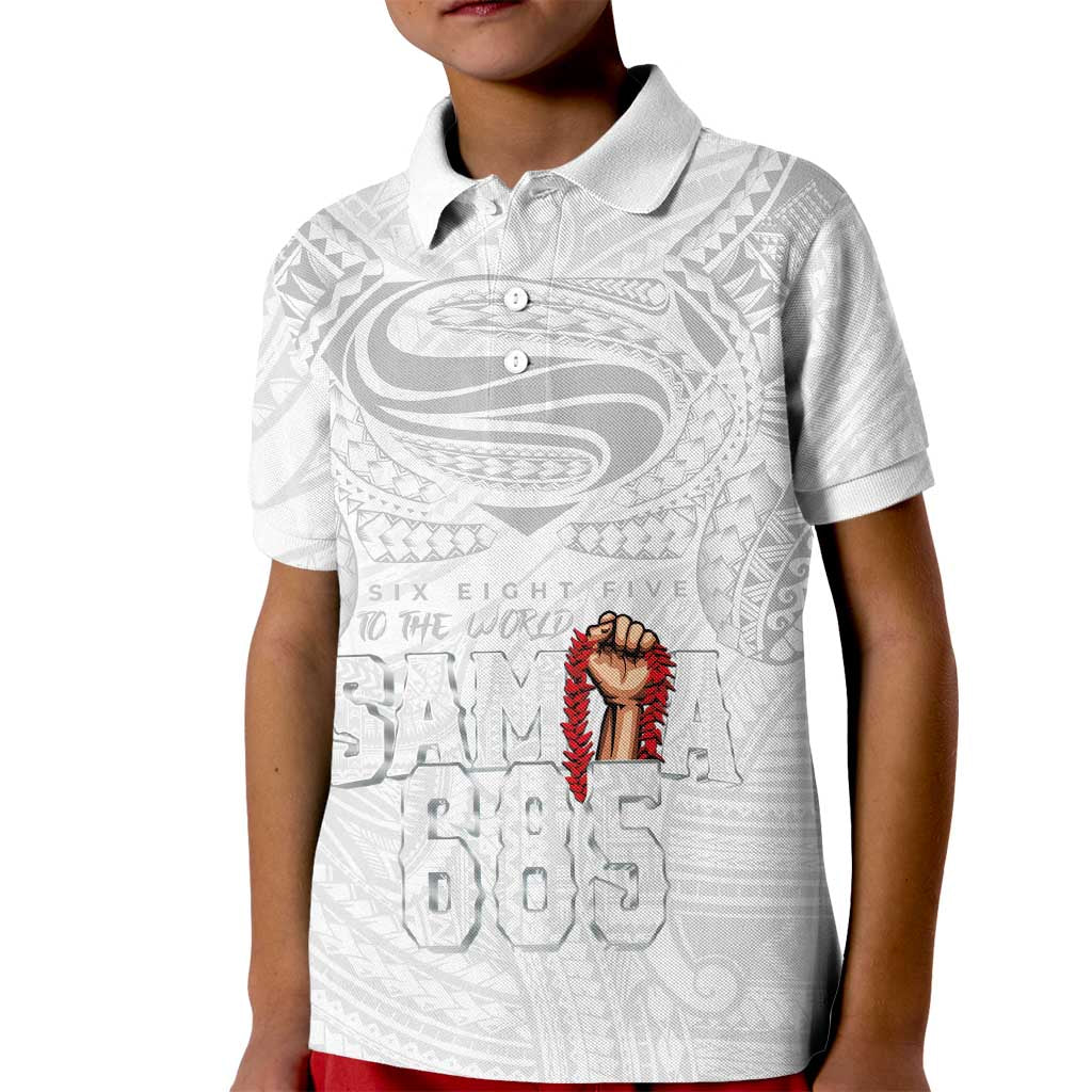 Super Samoa-Six Eight Five to The World Kid Polo Shirt Traditional Samoan Tattoo All White