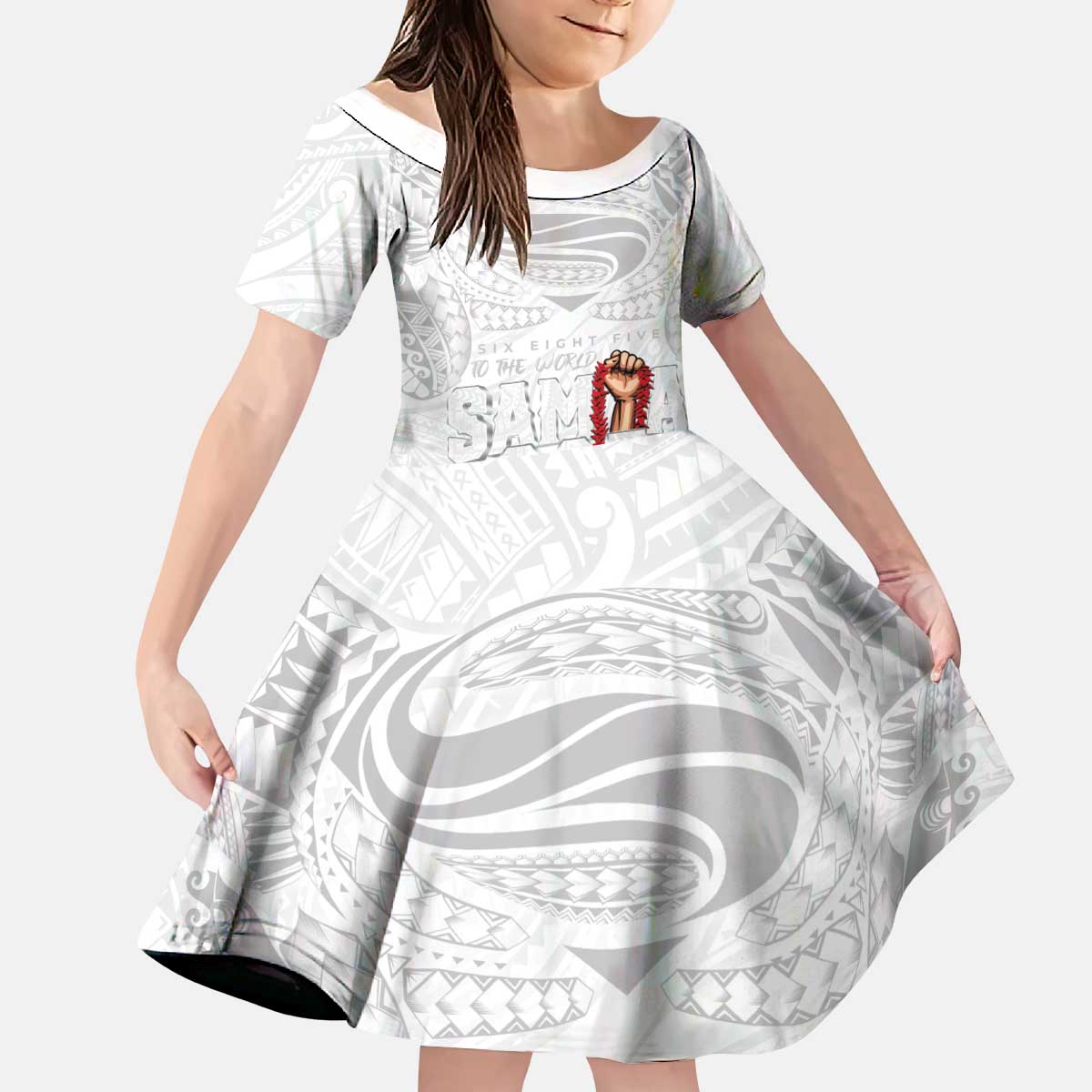 Super Samoa-Six Eight Five to The World Kid Short Sleeve Dress Traditional Samoan Tattoo All White
