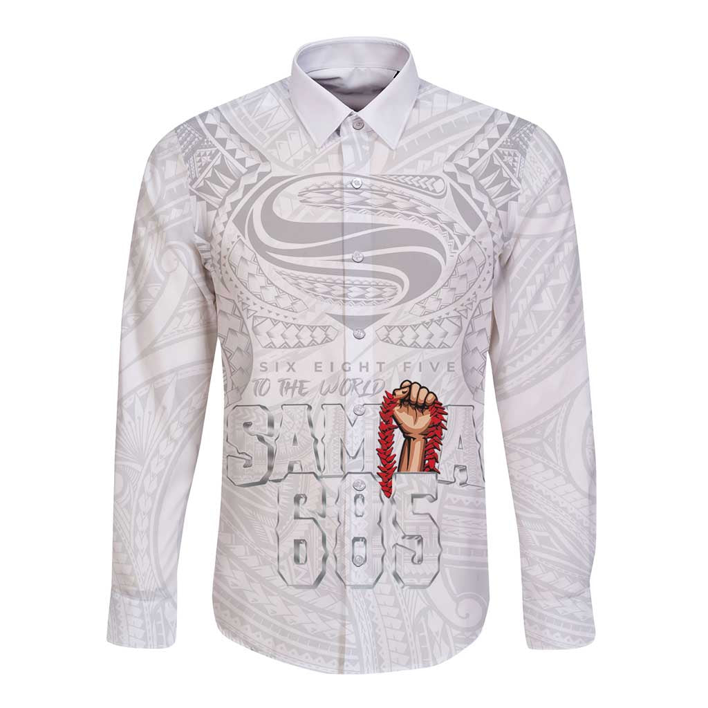 Super Samoa-Six Eight Five to The World Long Sleeve Button Shirt Traditional Samoan Tattoo All White