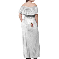 Super Samoa-Six Eight Five to The World Off Shoulder Maxi Dress Traditional Samoan Tattoo All White