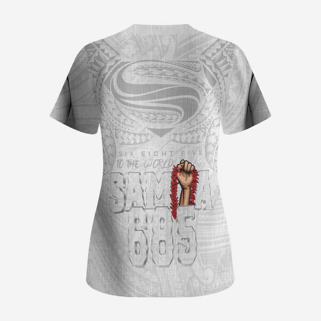 Super Samoa-Six Eight Five to The World Scrub Top Traditional Samoan Tattoo All White