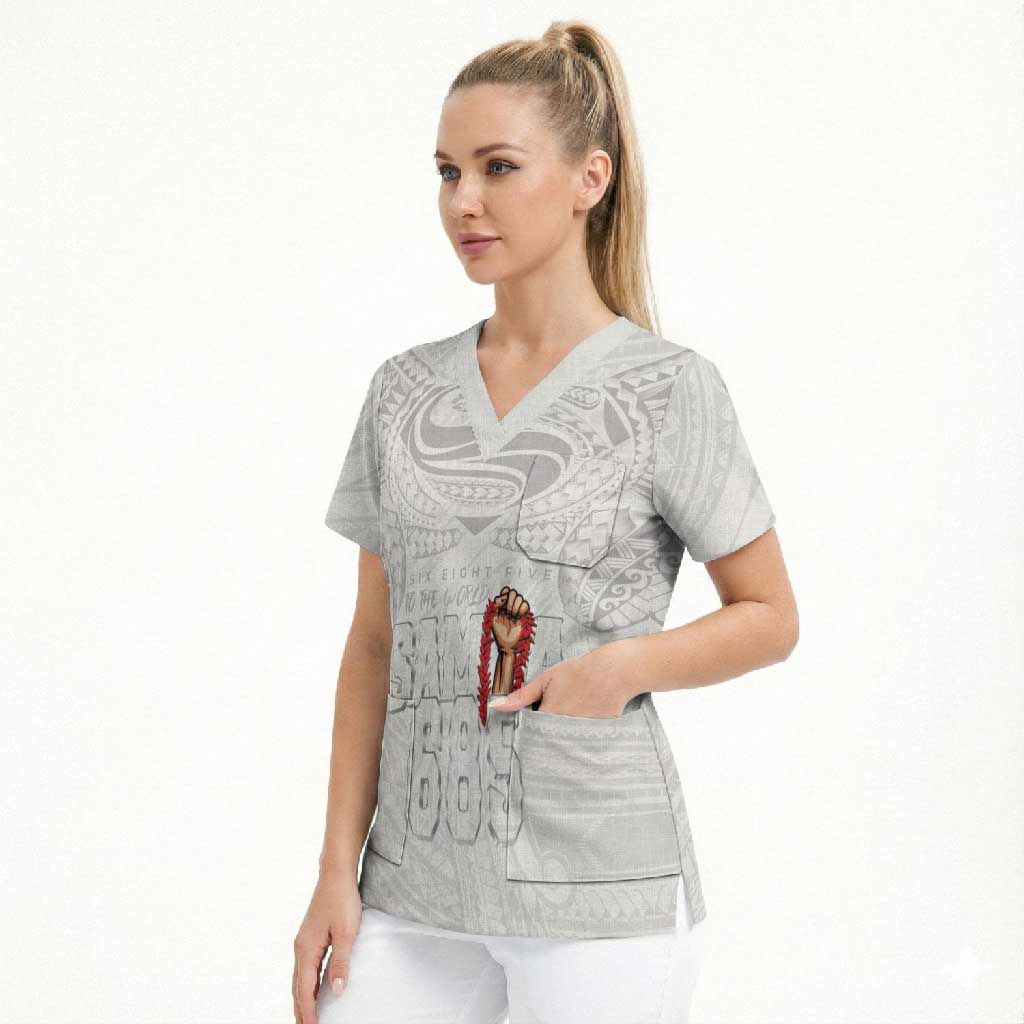 Super Samoa-Six Eight Five to The World Scrub Top Traditional Samoan Tattoo All White