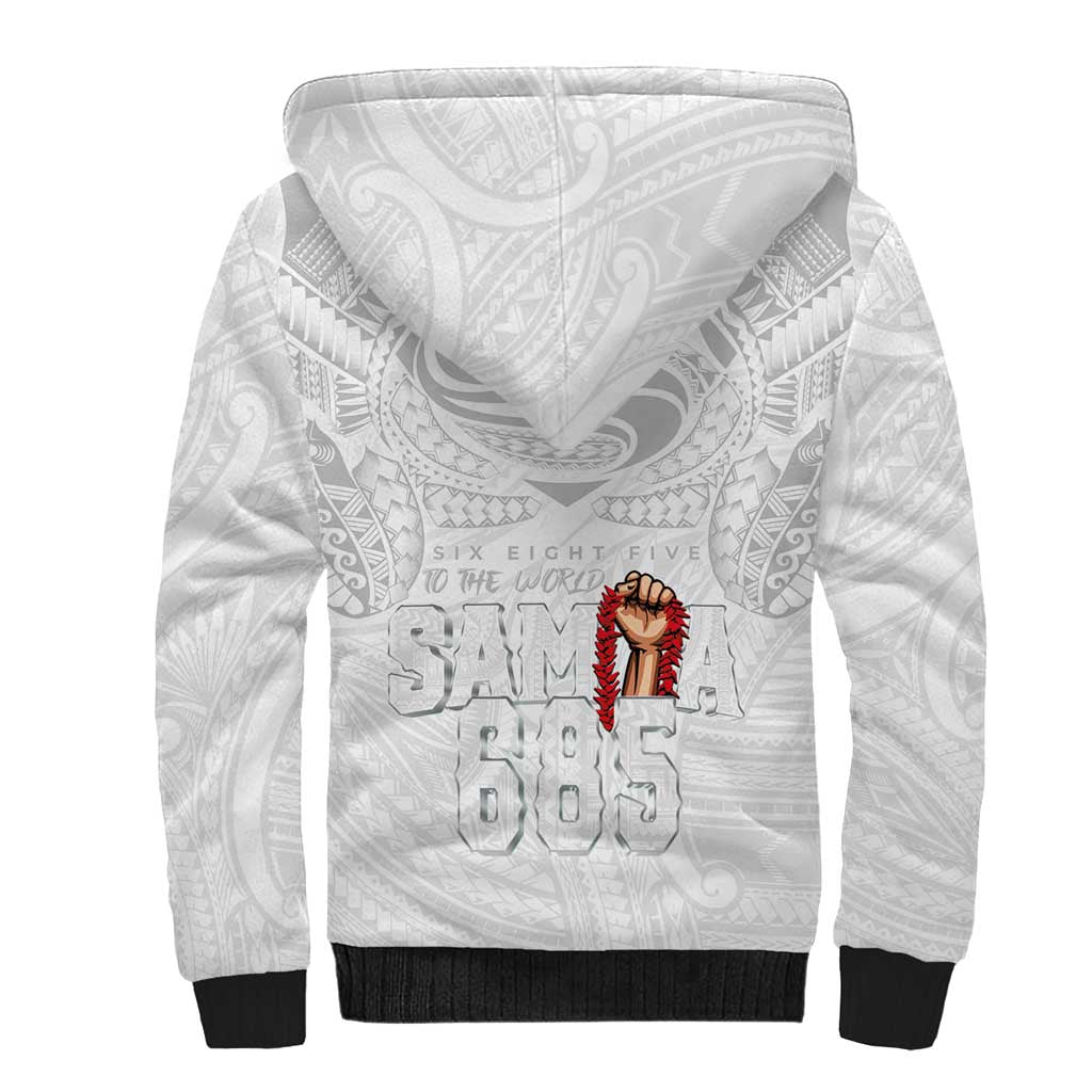 Super Samoa-Six Eight Five to The World Sherpa Hoodie Traditional Samoan Tattoo All White