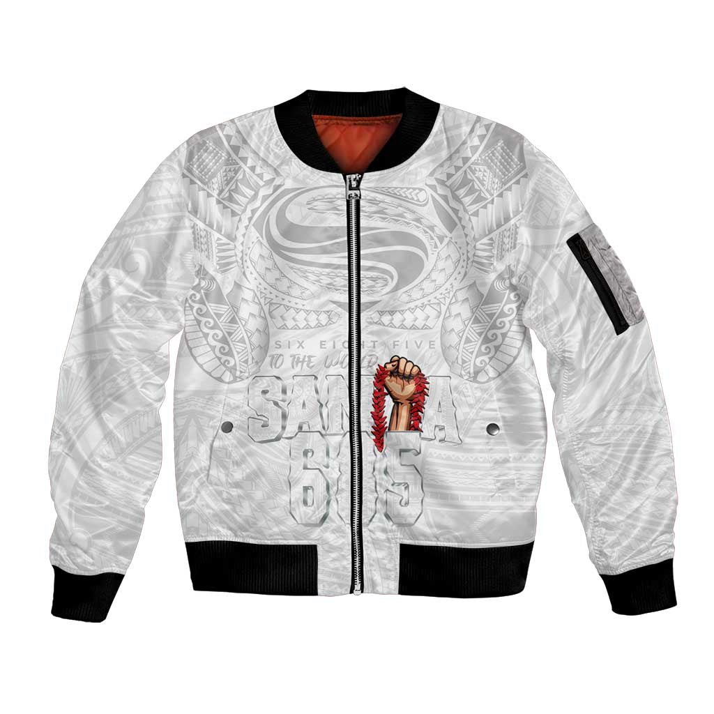 Super Samoa-Six Eight Five to The World Sleeve Zip Bomber Jacket Traditional Samoan Tattoo All White