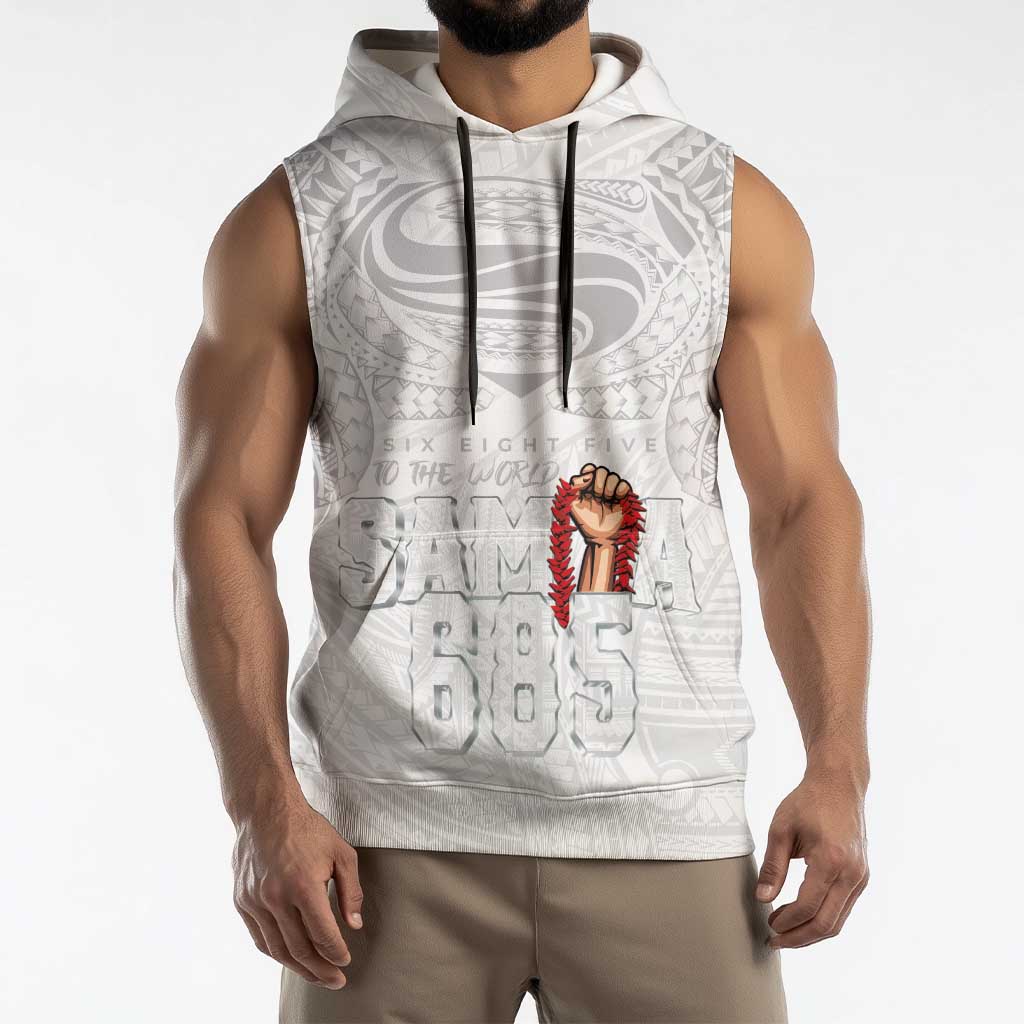 Super Samoa-Six Eight Five to The World Sleeveless Hoodie Traditional Samoan Tattoo All White