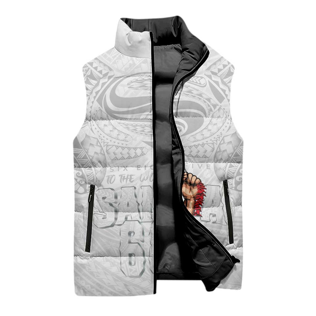 Super Samoa-Six Eight Five to The World Sleeveless Puffer Jacket Traditional Samoan Tattoo All White