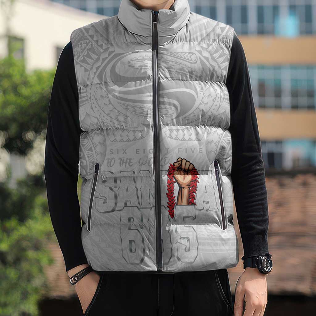 Super Samoa-Six Eight Five to The World Sleeveless Puffer Jacket Traditional Samoan Tattoo All White