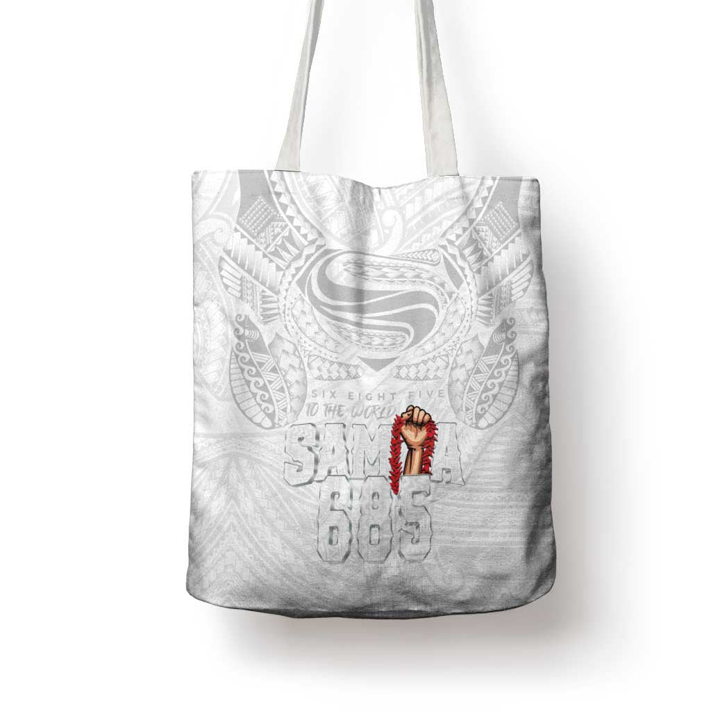 Super Samoa-Six Eight Five to The World Tote Bag Traditional Samoan Tattoo All White