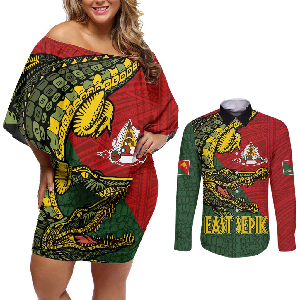 Sepik River Crocodile & Arts Festival Melanesian Pattern Couples Matching Off Shoulder Short Dress and Long Sleeve Button Shirt